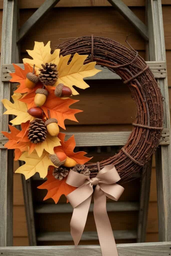 Autumn-themed wreath made of natural twigs, adorned with vibrant orange and yellow felt leaves, pinecones, and acorns, featuring a large beige ribbon bow, displayed against a rustic wooden background.