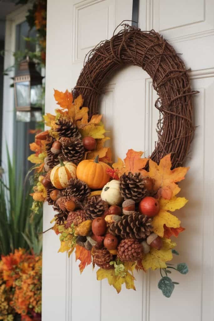 Autumn wreath adorned with colorful leaves, pinecones, and small pumpkins, hanging on a white door, creating a festive seasonal decor.