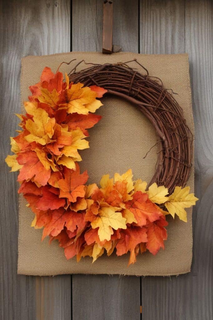 Autumn-themed wreath featuring vibrant orange and yellow artificial leaves, displayed against a burlap background on a wooden wall, perfect for seasonal home decor.