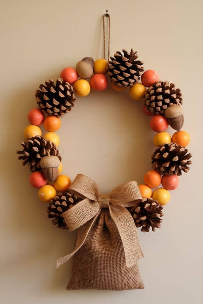 Autumn-themed wreath featuring pine cones, colorful wooden balls in shades of orange and yellow, and a burlap bow, hanging against a neutral wall. Perfect for seasonal home decor.