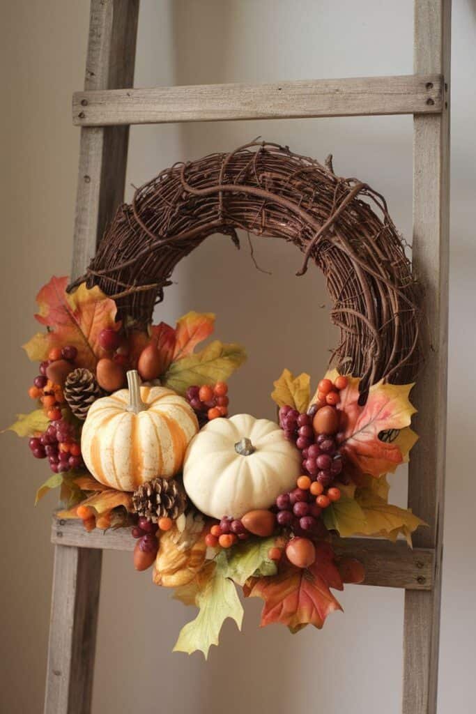 Autumn wreath featuring decorative pumpkins, pinecones, and colorful autumn leaves, displayed on a rustic wooden ladder backdrop, perfect for fall home decor.
