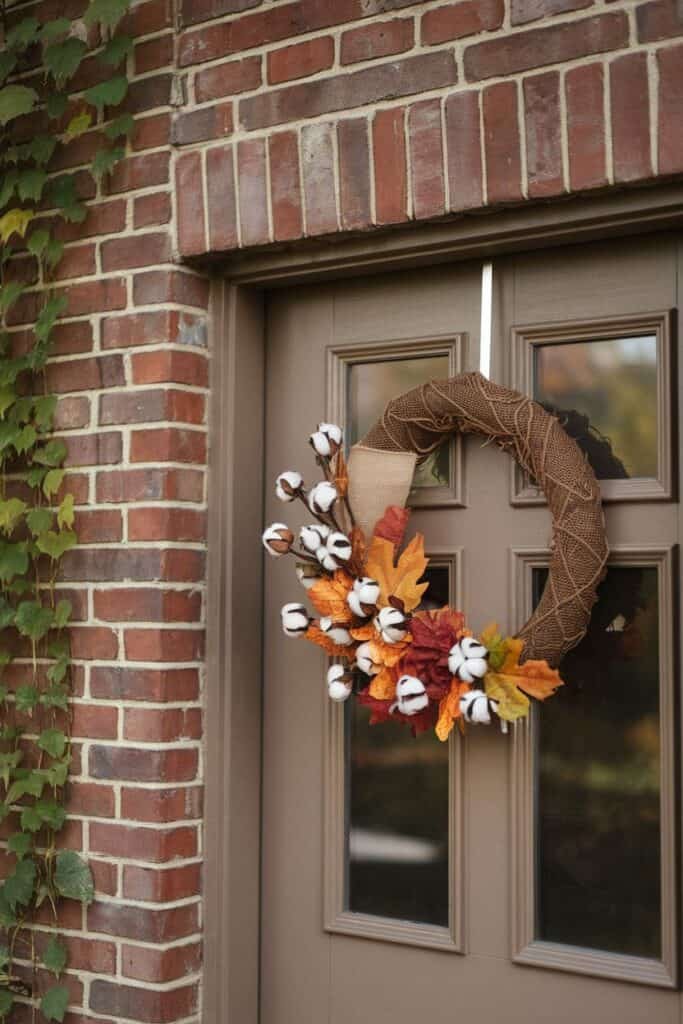 Autumn wreath made of cotton blooms and colorful leaves hanging on a brown door, surrounded by brick wall and greenery. Perfect fall decoration for home entryways.