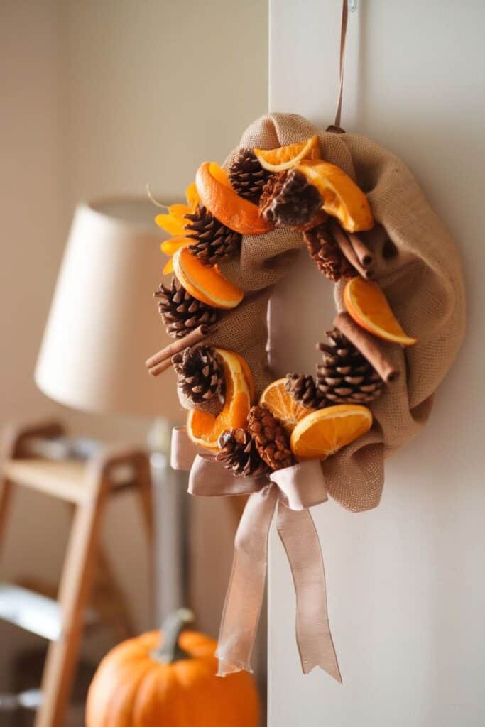 Autumn-themed wreath made of burlap, dried orange slices, pinecones, and cinnamon sticks, adorned with a soft ribbon, hanging on a wall with a pumpkin in the background.