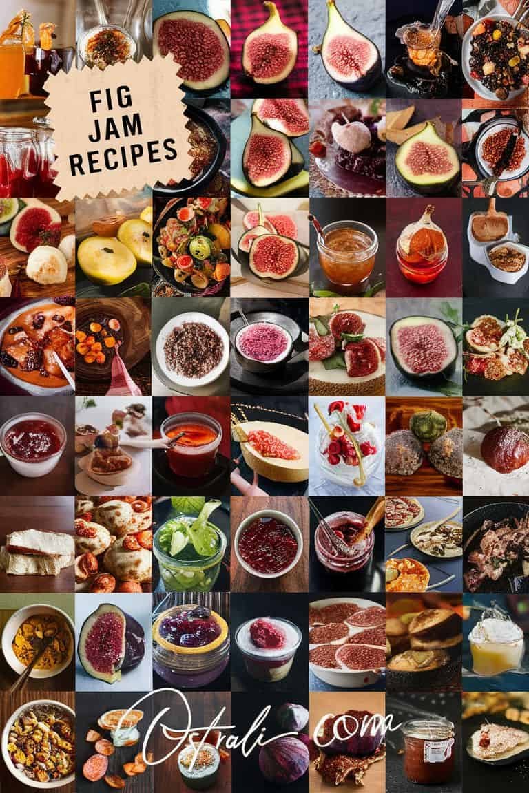 A collage of various fig jam recipes showcasing different preparations, ingredients, and serving suggestions, featuring fresh figs, jars of jam, and creative dishes. Ideal for culinary enthusiasts looking to explore fig-based preserves and desserts.