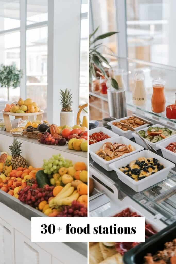 A vibrant display of over 30 food stations featuring a variety of fresh fruits on the left, including bananas, grapes, and pineapples, and an assortment of prepared dishes on the right, such as salads and pastries, set in a bright, modern venue.