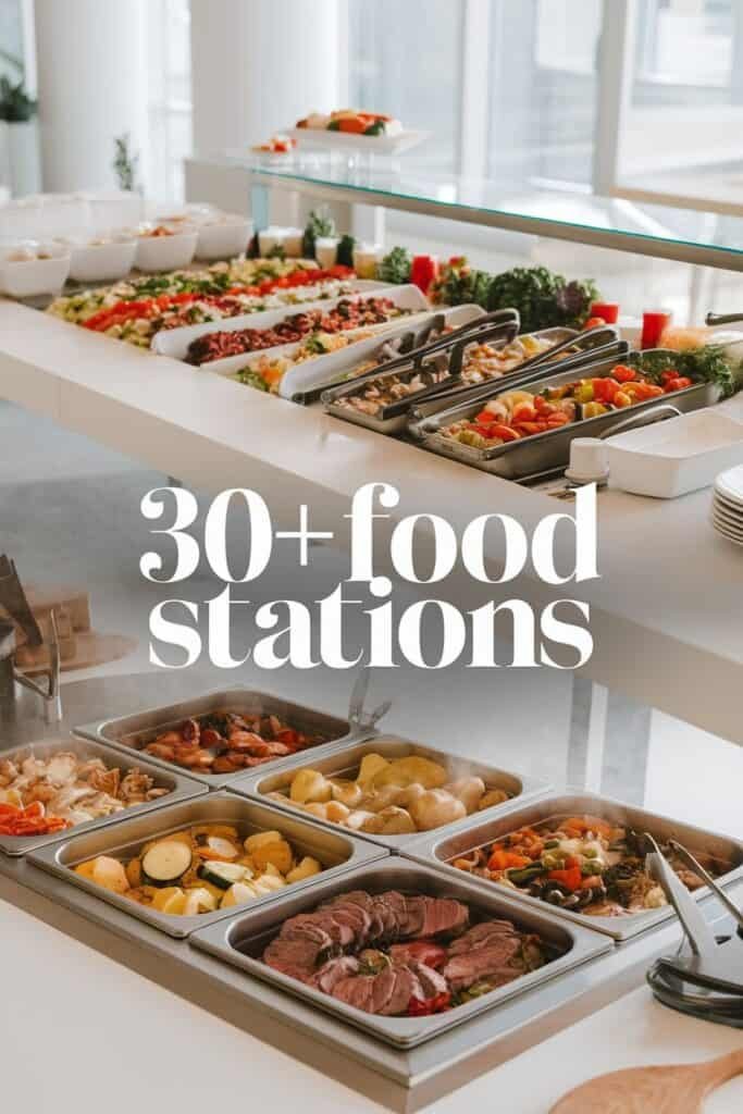 A buffet featuring over 30 food stations with a variety of dishes, including salads, meats, vegetables, and seafood, displayed on a sleek, modern table in a bright setting.