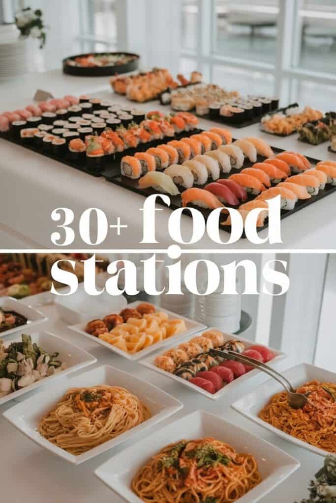 A vibrant display of over 30 food stations featuring a variety of sushi, pasta, and Asian cuisine. The image showcases colorful sushi rolls, sashimi, and assorted dishes, perfect for catering events and food festivals.