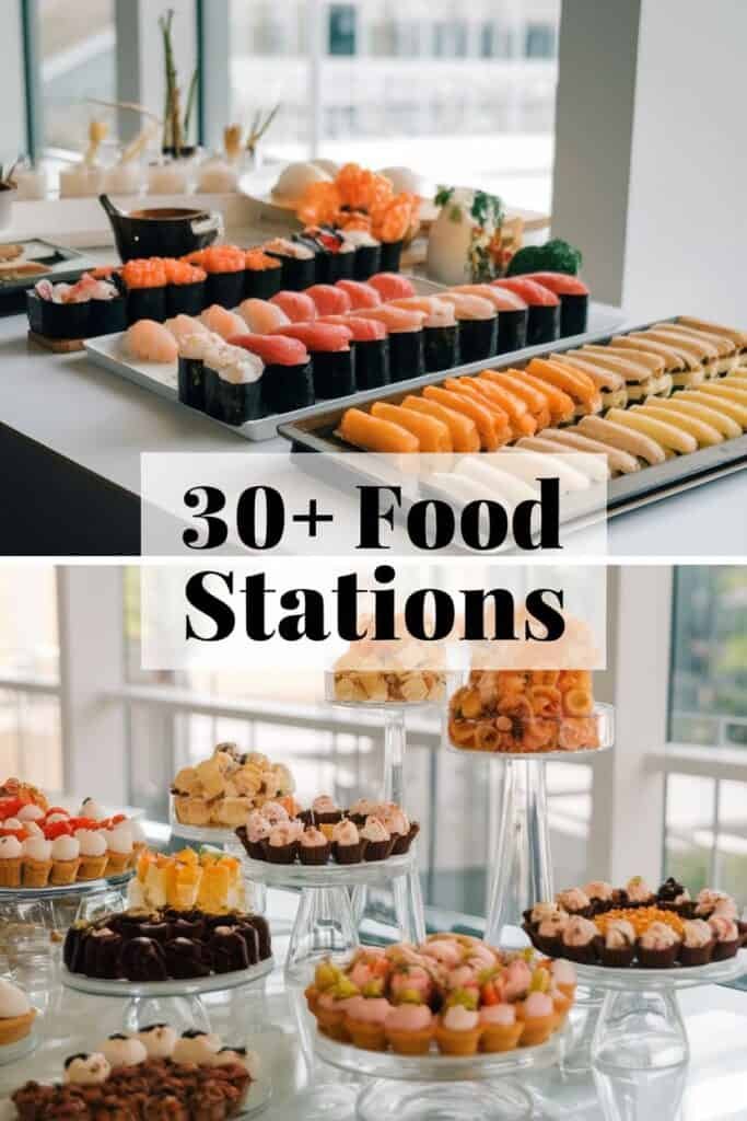 An elegant display of over 30 food stations featuring a variety of sushi, sashimi, and assorted desserts, showcasing vibrant colors and gourmet presentations for a lavish dining experience.