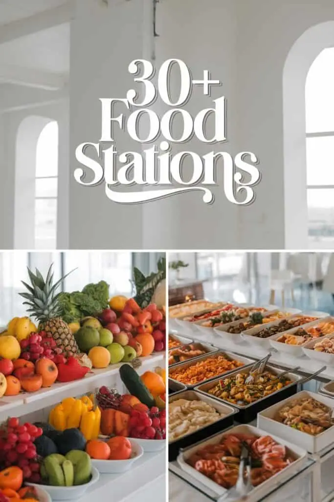 A vibrant display of over 30 food stations featuring an array of fresh fruits and colorful dishes, showcasing a variety of culinary options in a bright, airy setting.