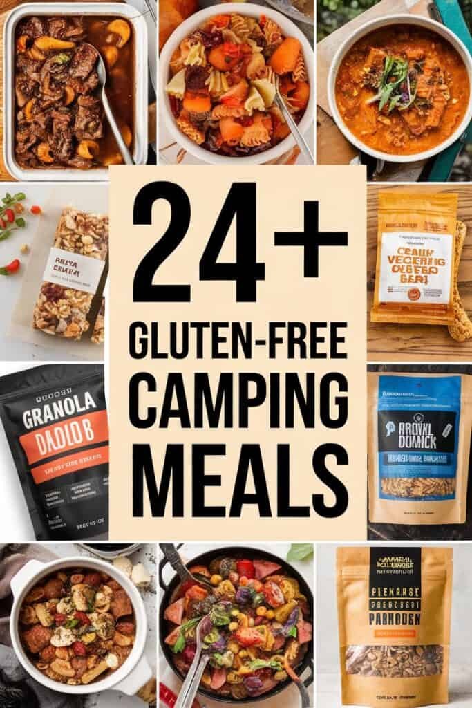 A collage of gluten-free camping meals featuring a variety of dishes such as hearty stews, pasta, and granola snacks. The image highlights over 24 meal options, showcasing convenient packaging and vibrant ingredients ideal for outdoor cooking and nutrition.