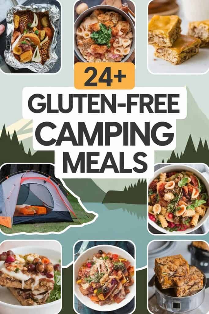 Collage of gluten-free camping meals, featuring a variety of dishes including pasta, baked goods, and a camping tent, highlighting over 24 easy and delicious gluten-free meal ideas for outdoor adventures.