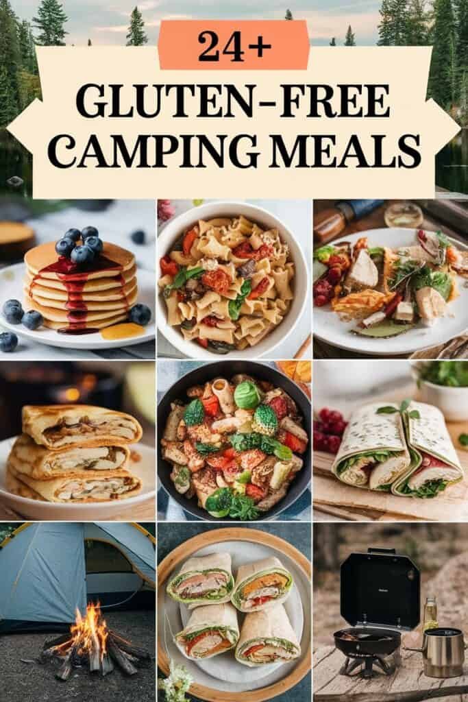 A collage showcasing 24+ gluten-free camping meals, featuring dishes like pancakes with blueberries, pasta with vegetables, wraps, and a campfire setup. The image highlights various meal options ideal for outdoor cooking, including colorful salads and hearty entrees, alongside camping essentials like a tent and portable cooking equipment.