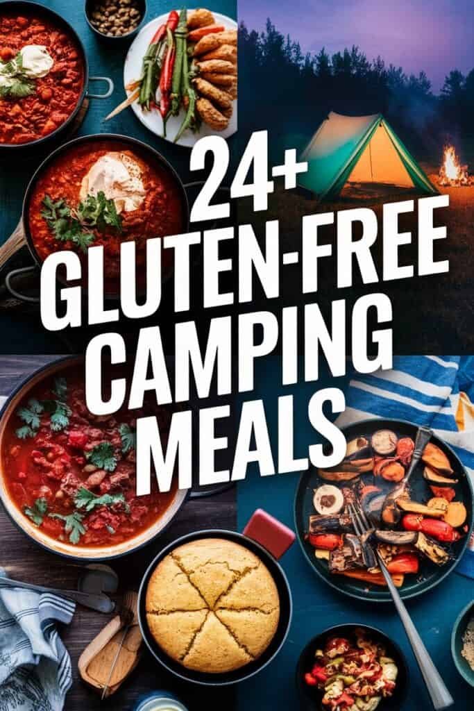 A visually appealing collage of delicious gluten-free camping meals, featuring hearty chili, roasted vegetables, cornbread, and a vibrant campfire scene in the background. The image promotes a collection of over 24 gluten-free recipes perfect for outdoor cooking.