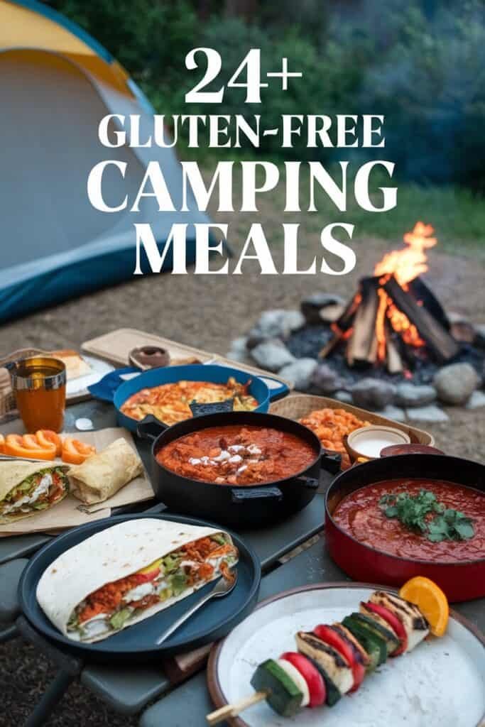 A beautifully arranged outdoor dining setup featuring over 24 gluten-free camping meals, including colorful dishes like wraps, salads, and grilled vegetables, set against a backdrop of a tent and a campfire.