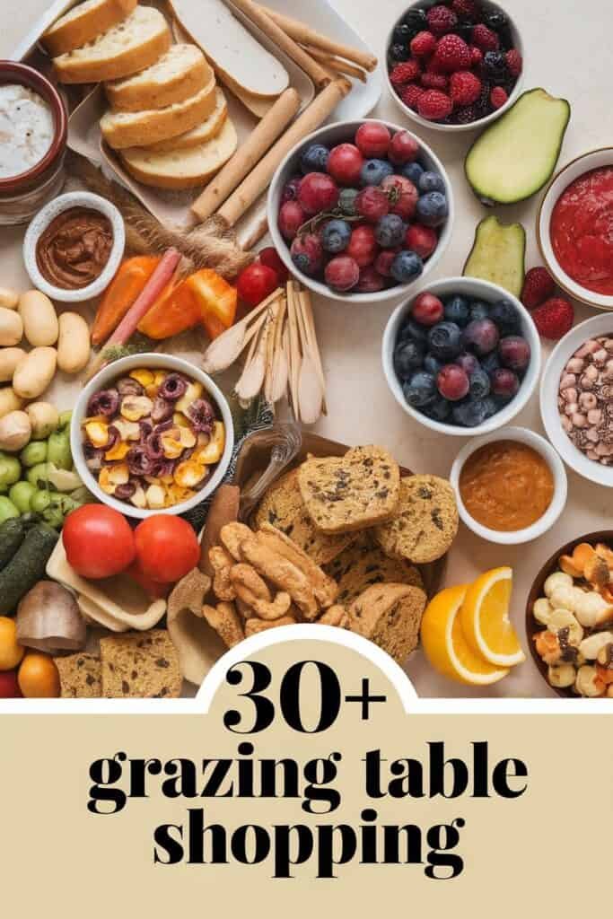 A vibrant grazing table featuring an assortment of breads, fresh fruits, dips, and snacks, showcasing over 30 shopping ideas for creating a delicious spread.