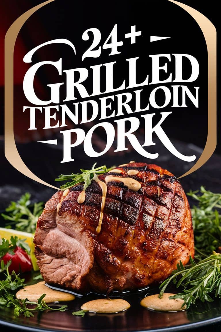 Grilled pork tenderloin garnished with herbs and sauce, showcasing a juicy and flavorful dish, ideal for barbecues and gourmet meals.