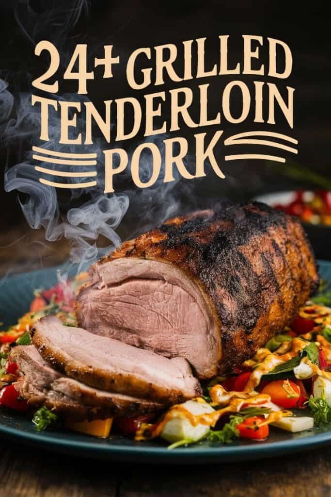 Grilled pork tenderloin sliced and served on a colorful salad, showcasing juicy, perfectly cooked meat with visible grill marks and steam, emphasizing a delicious meal option.