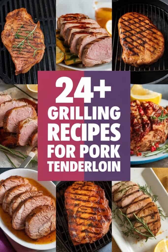 Collage of grilled pork tenderloin dishes featuring various cooking styles and presentations, with a prominent title stating "24+ Grilling Recipes for Pork Tenderloin." The image showcases sliced and whole pork tenderloins, garnished with herbs and served with sides, highlighting diverse grilling techniques and flavors.