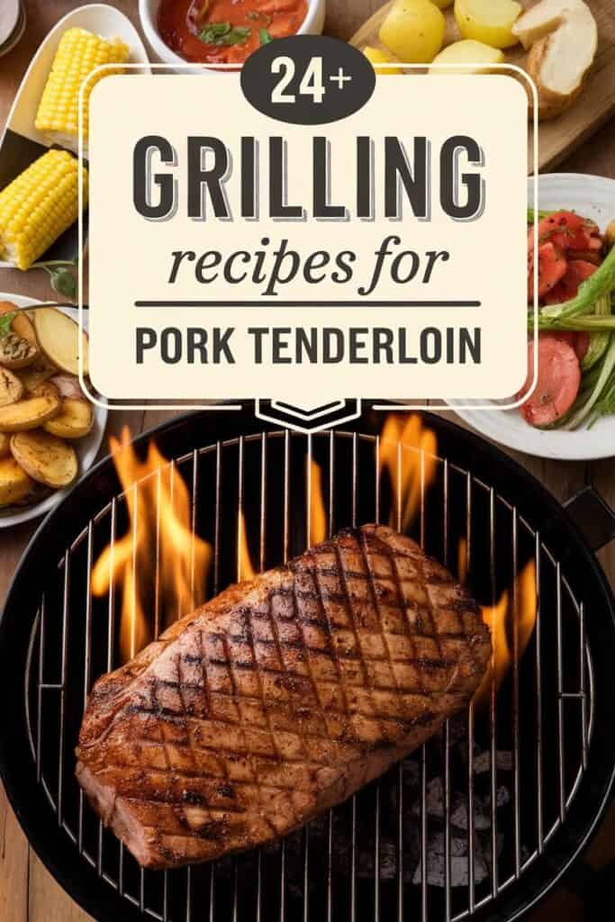 Grilled pork tenderloin on a barbecue with flames, accompanied by sides of corn, potatoes, and salad, promoting 24+ grilling recipes.