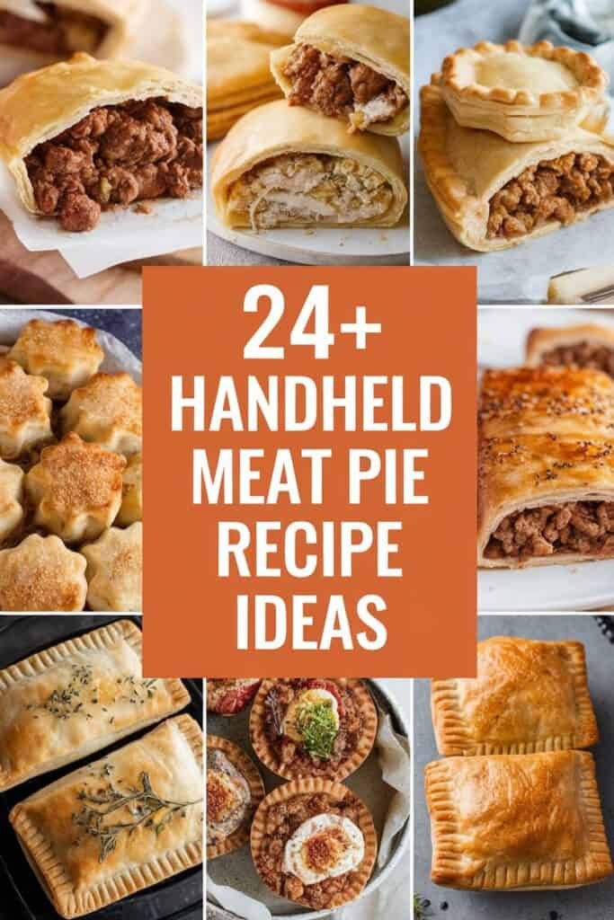 Variety of delicious handheld meat pies, showcasing different fillings and crusts, with the text "24+ Handheld Meat Pie Recipe Ideas" prominently displayed in the center.