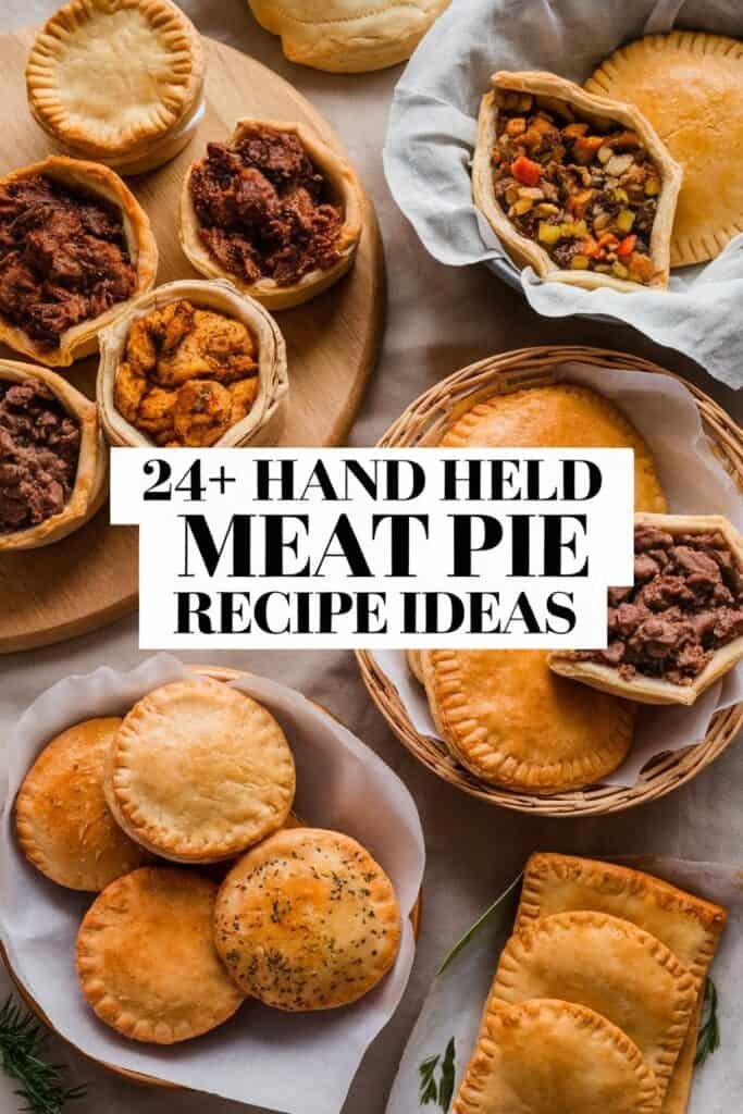 A variety of hand-held meat pies displayed on wooden and woven trays, featuring different fillings such as beef and vegetables. The image highlights over 24 recipe ideas for delicious, portable meat pies, perfect for snacks or meals.