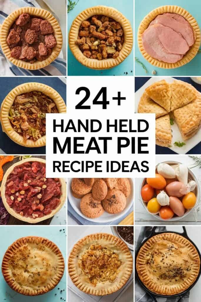 A collage of 24+ hand-held meat pie recipe ideas featuring various styles of meat pies, including savory fillings and crusts, along with ingredients like eggs and cookies, showcasing a variety of delicious options for easy meals.