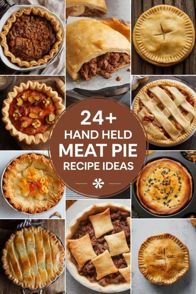 A collage of various hand-held meat pies, showcasing over 24 recipe ideas. The image features different styles of meat pies, including traditional round and rectangular shapes, with visible fillings and crusts. Ideal for food enthusiasts looking for creative meat pie recipes.