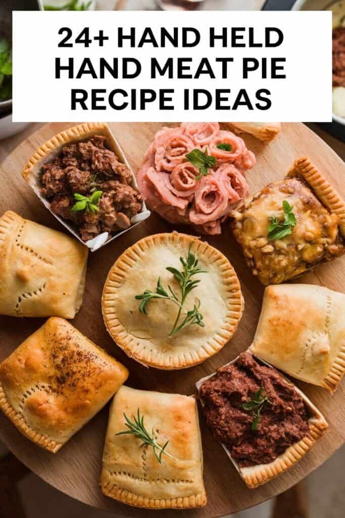 A variety of hand-held meat pies displayed on a wooden platter, showcasing different fillings and crust styles, with fresh herbs for garnish. Perfect for meal ideas and recipes.