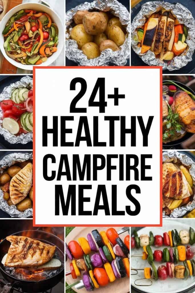 Collage of 24+ healthy campfire meals featuring grilled vegetables, foil-wrapped potatoes, skewers, and various protein options, showcasing vibrant and nutritious outdoor cooking ideas for camping enthusiasts.