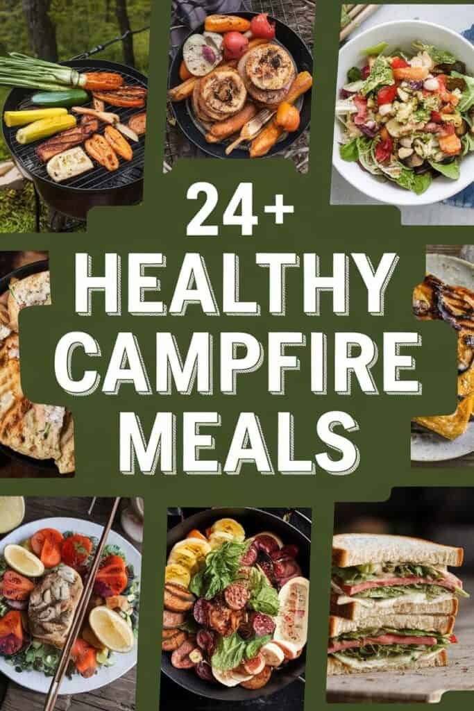 A collage of healthy campfire meals featuring grilled vegetables, salads, and sandwiches. The image highlights 24+ nutritious meal ideas perfect for outdoor cooking, showcasing colorful ingredients and appetizing presentations.