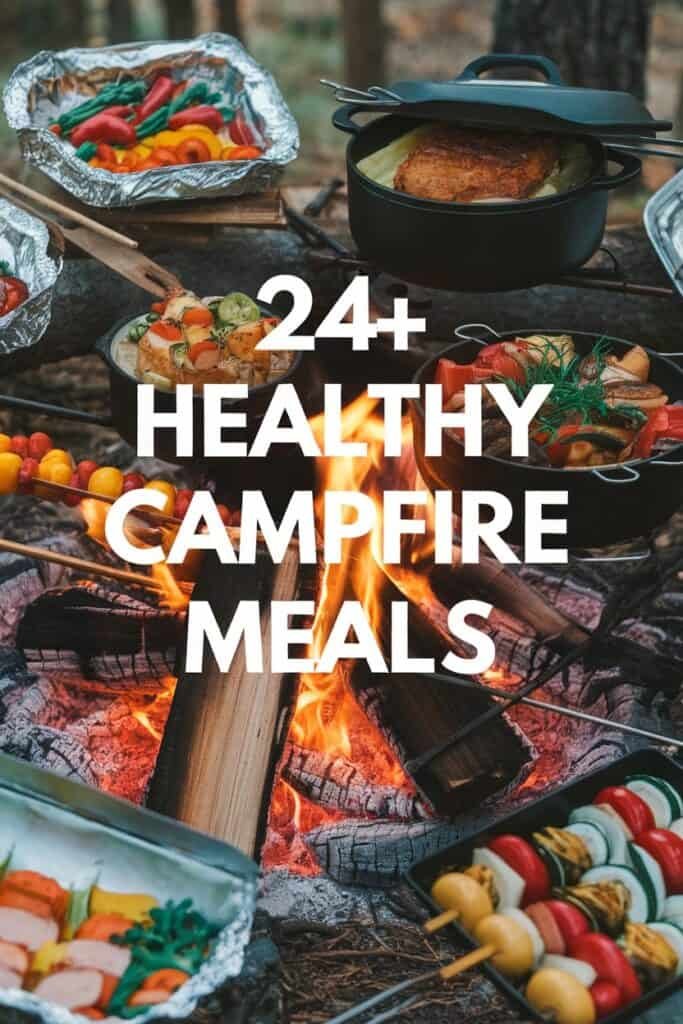 A campfire scene featuring a variety of healthy meals, including grilled vegetables and skewers, with a vibrant fire in the center. The image highlights over 24 nutritious campfire meal ideas, perfect for outdoor cooking enthusiasts.