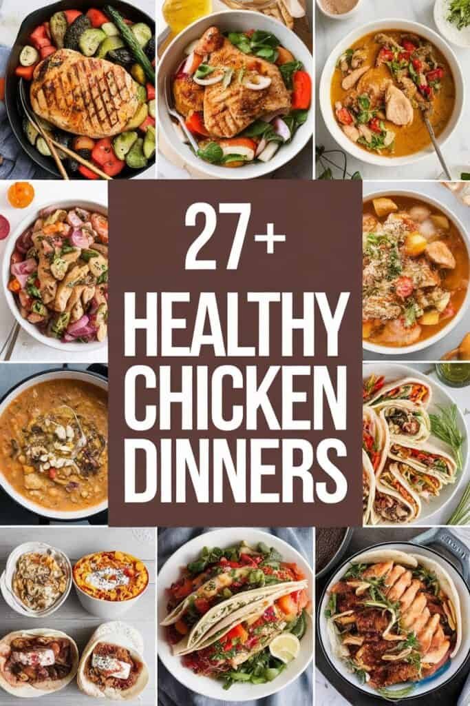 A collage of healthy chicken dinner recipes featuring grilled chicken, salads, stews, and tacos, showcasing a variety of colorful ingredients. The image promotes "27+ Healthy Chicken Dinners" with diverse meal options for nutritious eating.