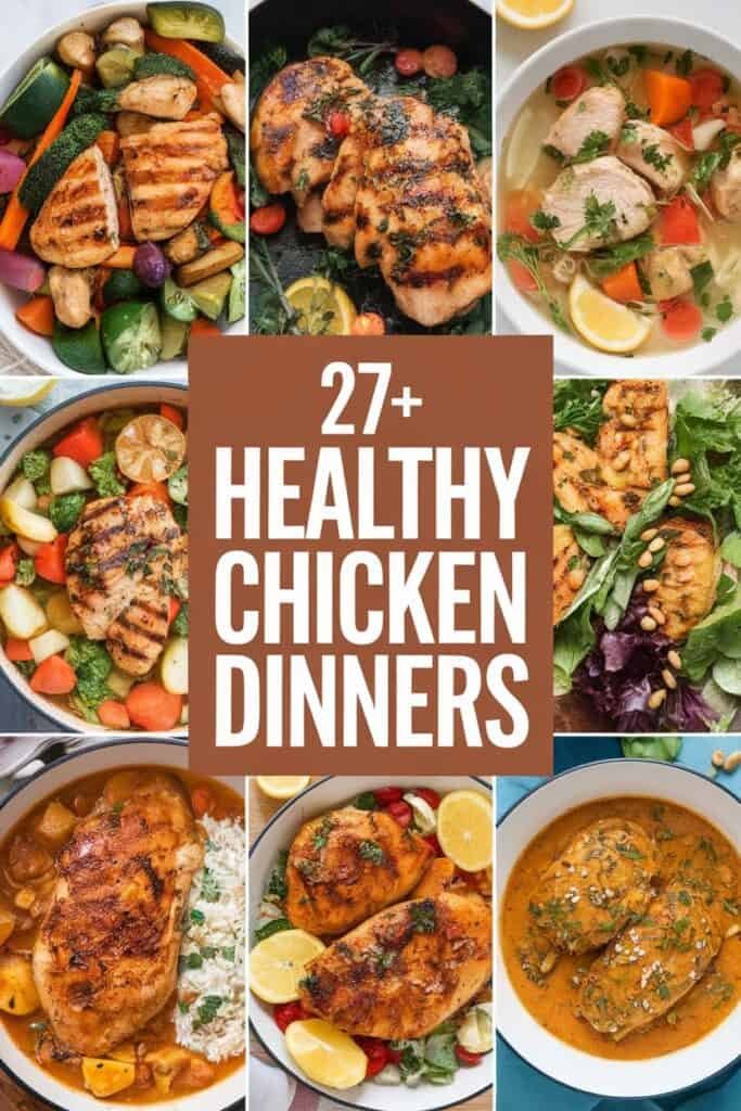Collage of 27+ healthy chicken dinner recipes featuring grilled chicken, colorful vegetables, and flavorful sauces. The image showcases various dishes, including chicken salads, soups, and stir-fries, highlighting nutritious ingredients and vibrant presentation. Ideal for those seeking healthy meal inspiration.