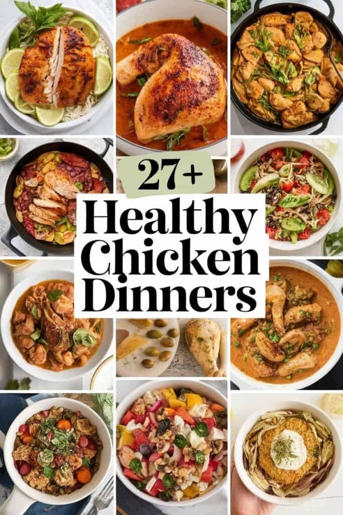 Collage of 27 healthy chicken dinner recipes featuring grilled, baked, and stir-fried chicken dishes, served with a variety of vegetables, grains, and sauces, highlighting nutritious meal options for dinner.