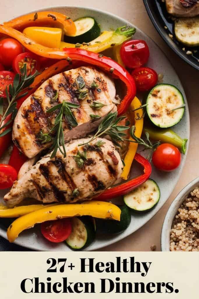 Grilled chicken breast served with colorful bell peppers, zucchini, and cherry tomatoes on a plate, showcasing a healthy dinner option.