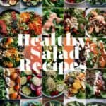 A vibrant collage of various healthy salad recipes featuring fresh vegetables, greens, and colorful toppings, showcasing a variety of nutritious meal options.