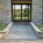 Modern entrance featuring a smooth concrete pathway leading to large glass doors, surrounded by natural stone walls and green landscaping.