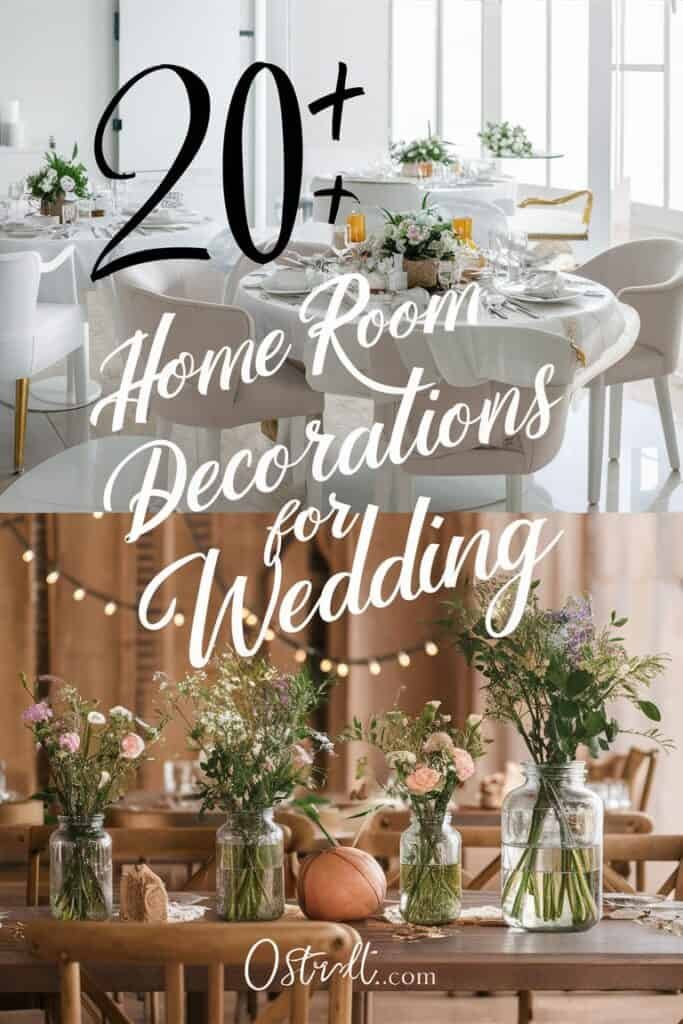 Elegant wedding room decorations featuring beautifully set tables with floral arrangements and rustic wooden decor. The image showcases a modern dining space and a charming rustic setting, highlighting creative ideas for home wedding decorations.