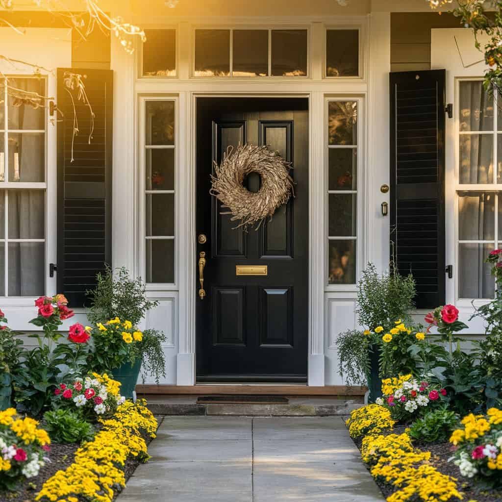 Charming front door with a decorative wreath, surrounded by vibrant flower beds featuring yellow and red blooms, creating a welcoming entrance to a home.