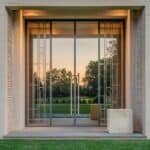 Modern glass entrance with sleek design, framed by warm lighting and surrounded by greenery, showcasing contemporary architecture.