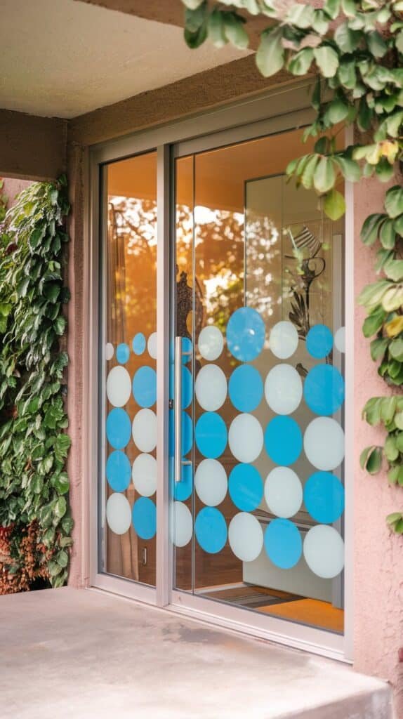 Modern glass door with blue circular decals and surrounding greenery, enhancing the entrance's aesthetic appeal.