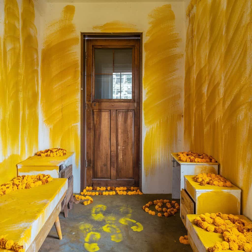 Interior of a room with bright yellow walls, featuring wooden benches lined with orange marigold flowers. A wooden door with a window leads outside, and petals are scattered across the floor, creating a vibrant and inviting atmosphere.