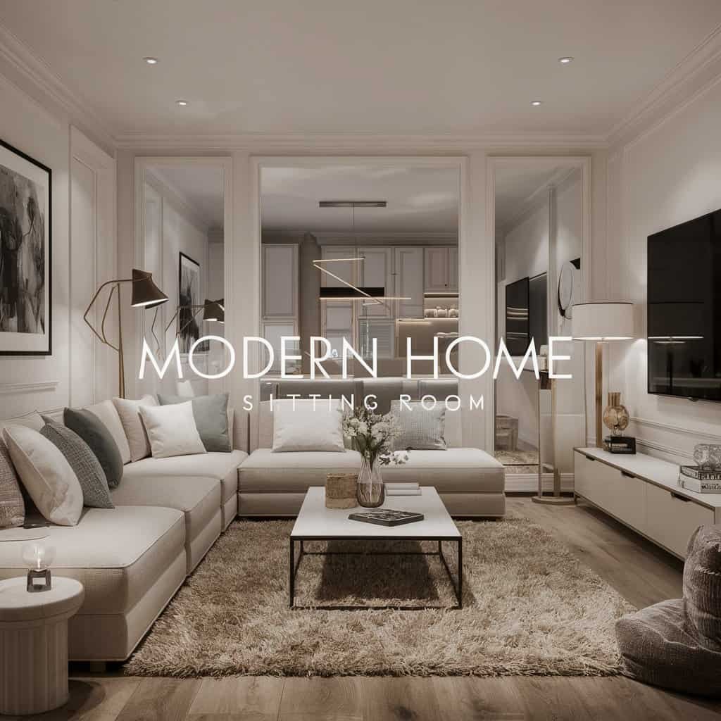 Modern living room interior featuring a stylish sectional sofa, coffee table, and contemporary decor, with an open kitchen in the background. Ideal for showcasing modern home design trends.