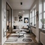 Modern living room interior featuring a minimalist design, light color palette, abstract wall art, and a stylish coffee table on a patterned rug. Large windows provide natural light and greenery adds a touch of freshness to the space.