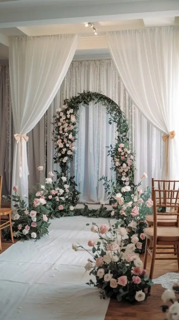 Elegant wedding ceremony backdrop featuring a floral arch adorned with pink roses and greenery, draped in soft white fabric, set against a light-colored curtain. Wooden chairs are arranged in front of the arch, creating a romantic atmosphere for the event.