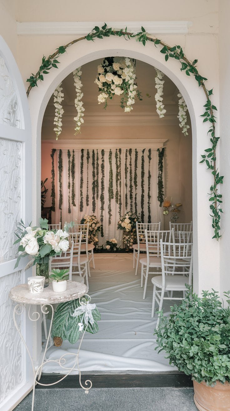 Elegant wedding ceremony setup featuring floral decorations, chiavari chairs, and a beautifully arranged backdrop with greenery and soft lighting.