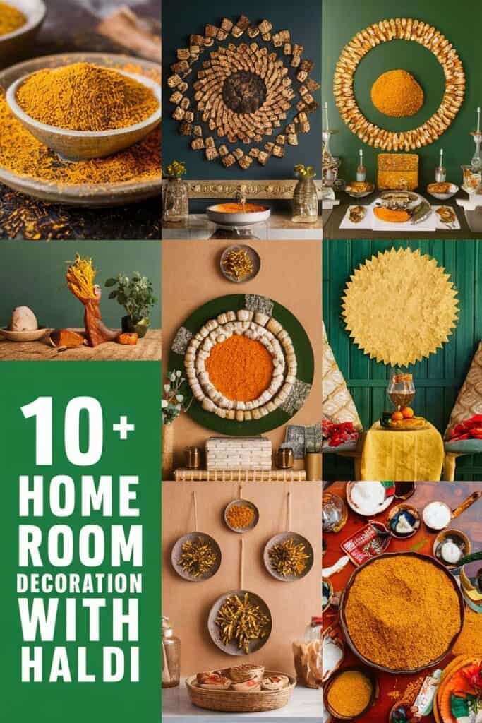 A vibrant collage showcasing over ten creative home decoration ideas using haldi (turmeric). The image features various arrangements of haldi in decorative bowls, wall art made from haldi, and elegant displays on tables, highlighting the traditional use of this spice in Indian decor. The color palette emphasizes warm yellow and earthy tones, creating a festive atmosphere suitable for celebrations.