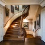 Elegant wooden staircase in a well-lit hallway, adorned with classic artwork and a warm color palette, showcasing a blend of architectural beauty and artistic decor.