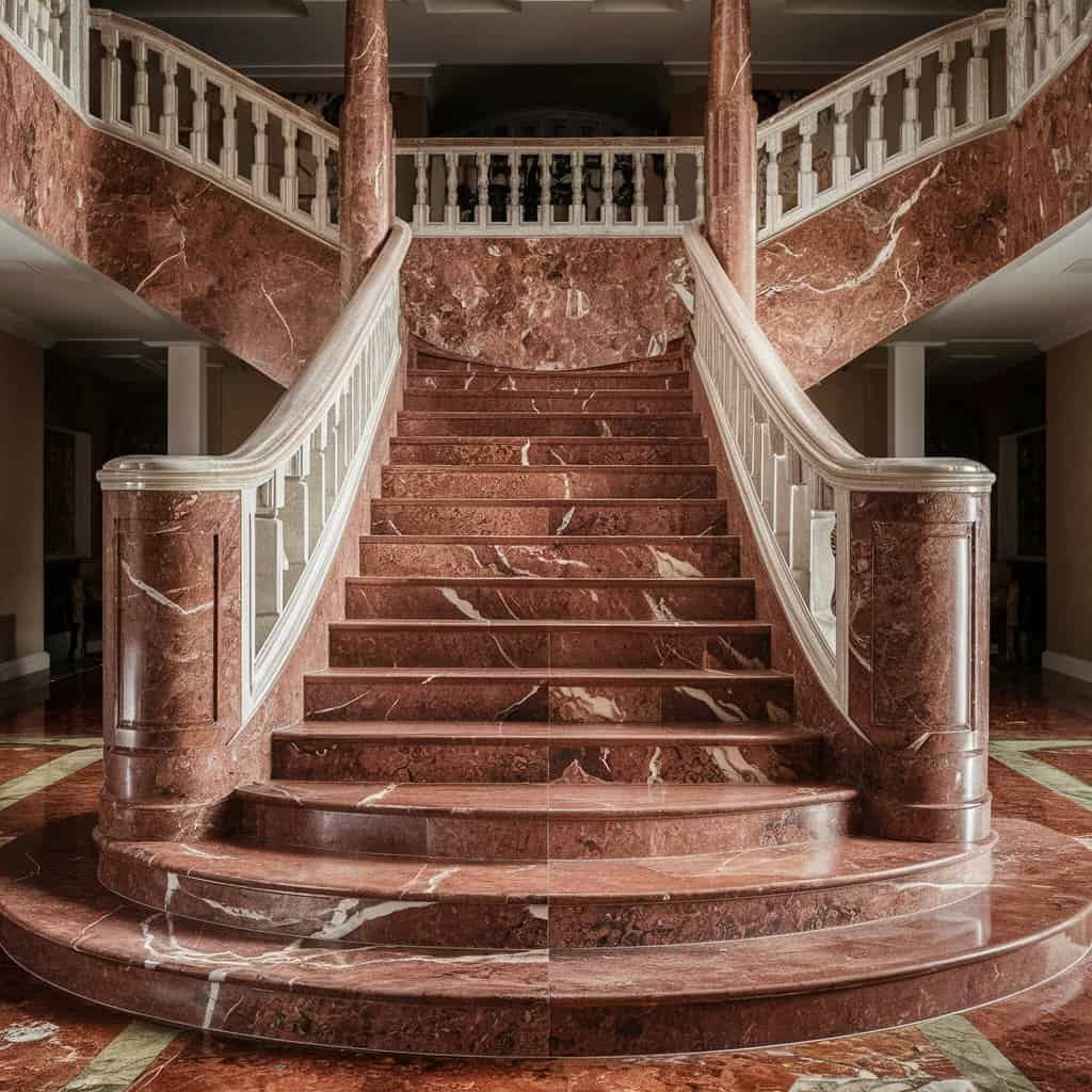 Elegant marble staircase with intricate railings in a luxurious interior setting, showcasing rich textures and warm tones.