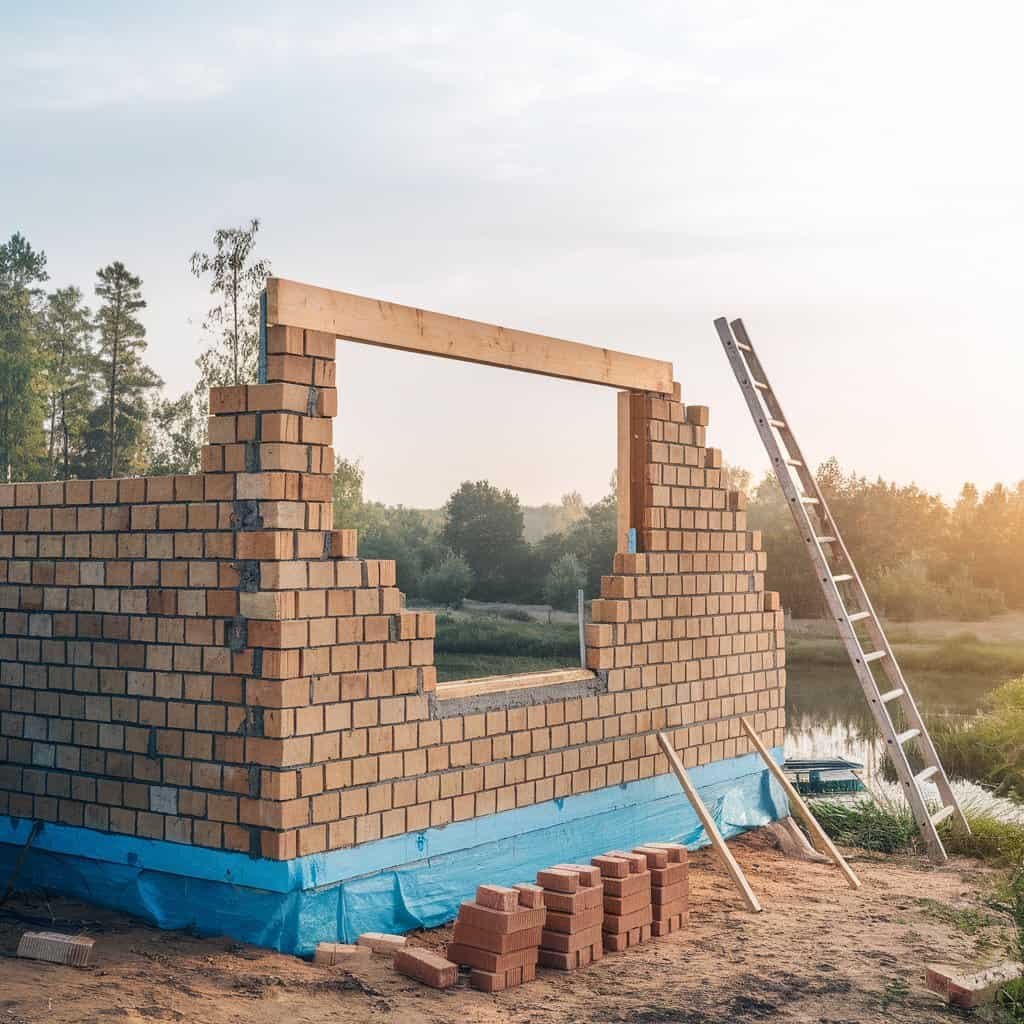 Construction site featuring a partially built brick wall with a window frame, surrounded by natural scenery and a ladder nearby, reflecting a serene sunset ambiance.